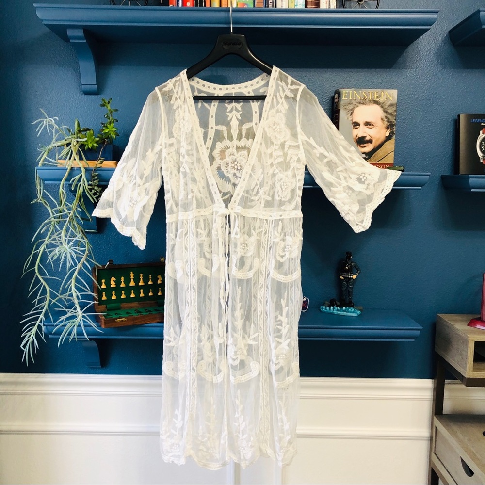 White Lace Boho Coverup Kimono Cardigan - Picture 7 of 8
